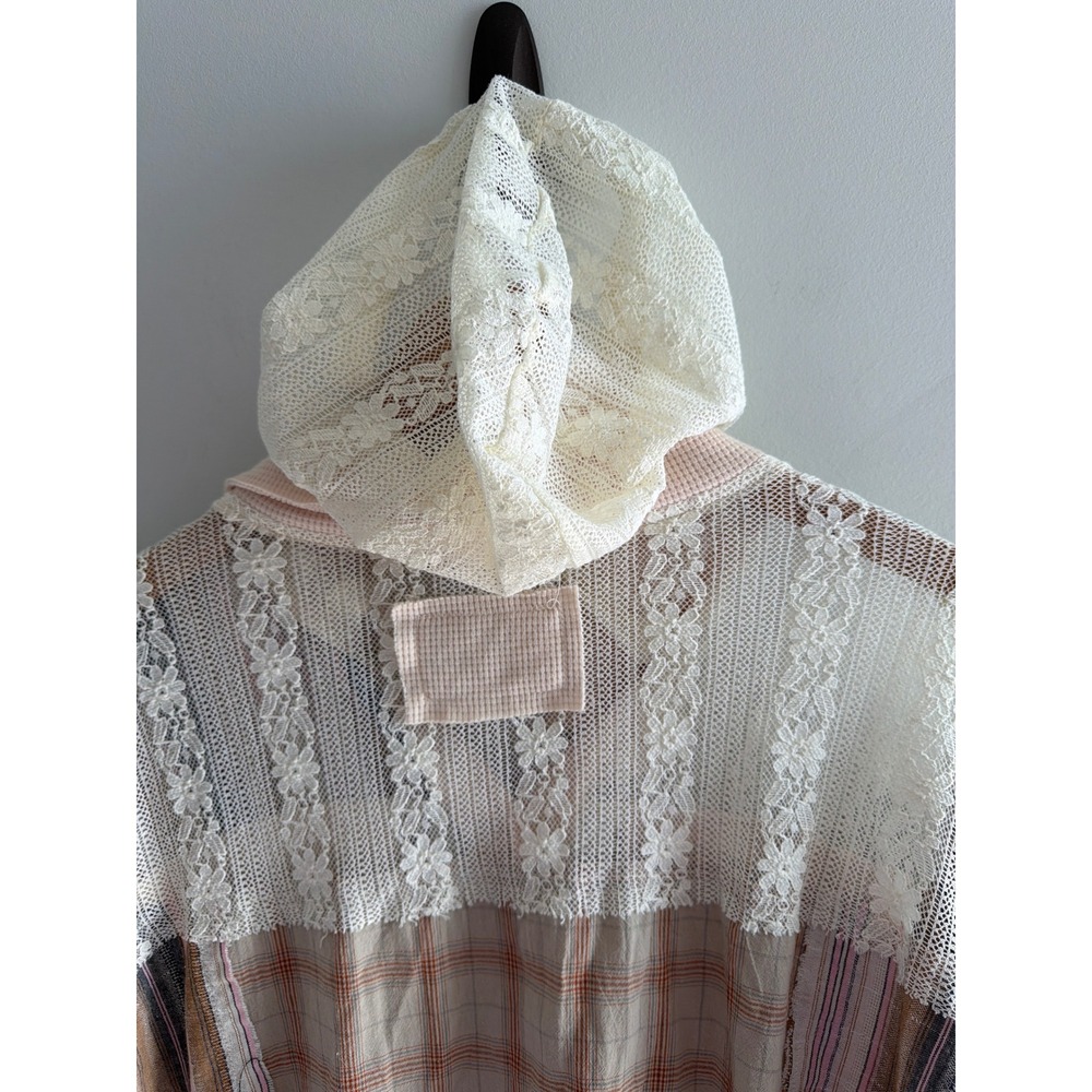 POL Mixed Media Hooded Top Women's Pink Lace Plaid Striped Boho Cottagecore L - Picture 11 of 13